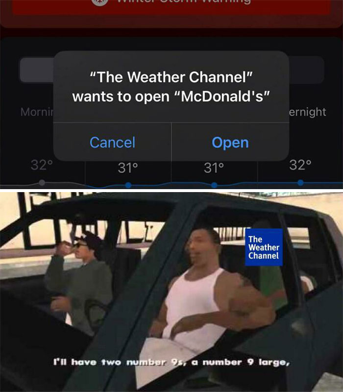 Weather meme featuring The Weather Channel app humorously linked to McDonald's and game scene.