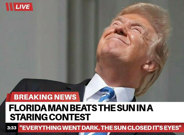 Funny weather meme showing a smiling man in a mock news headline about a staring contest with the sun.