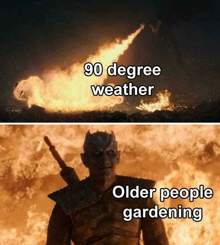 Funny gardening weather meme with a fiery scene, labeled "90 degree weather" and "Older people gardening."