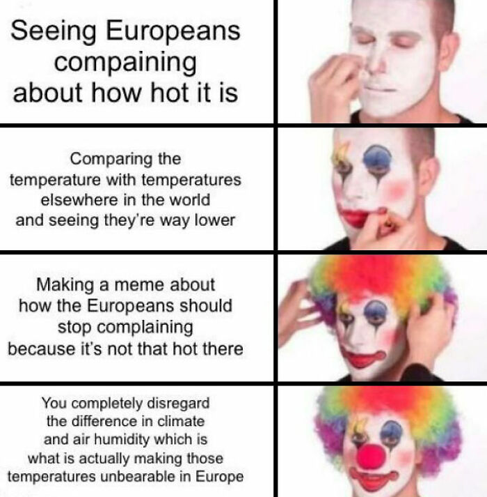 Funny clown applying makeup in a weather meme, humorously comparing European temperature complaints.