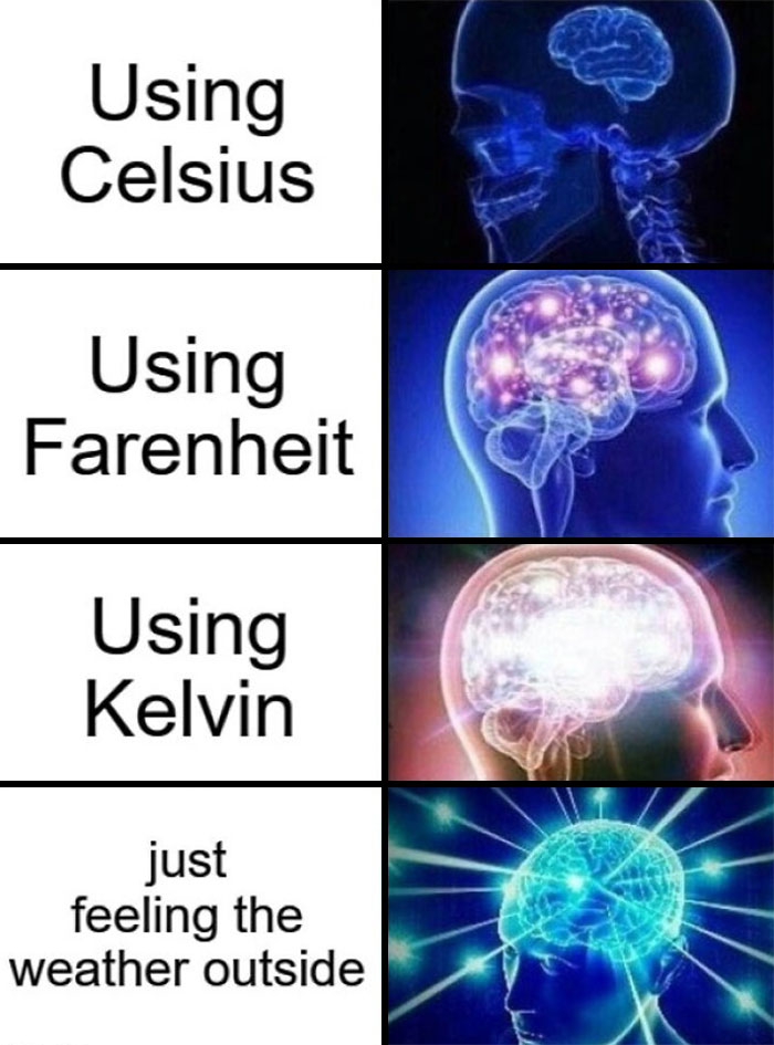 Four-panel weather meme humorously comparing Celsius, Fahrenheit, Kelvin, and just feeling the temperature outside.