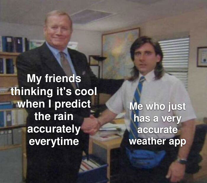 Funny The Office meme about predicting rain accurately with a weather app.