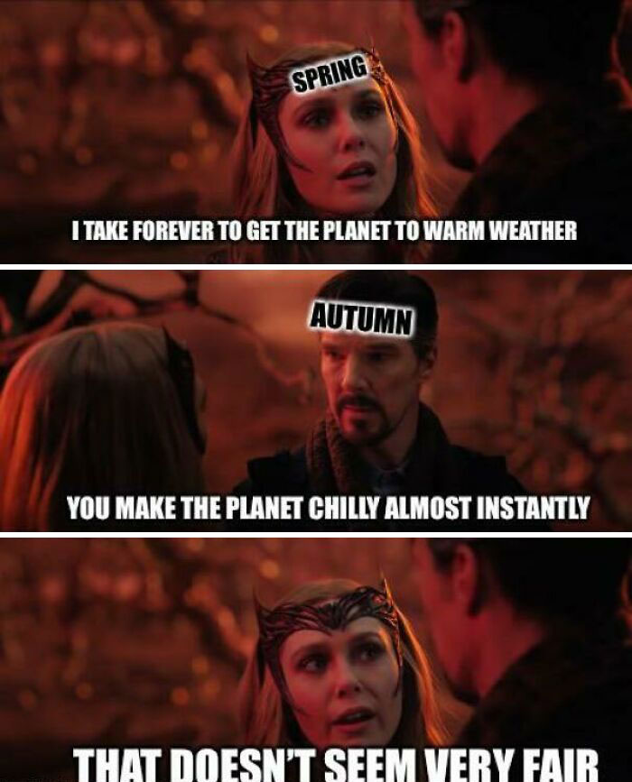 Avengers meme with Spring and Autumn discussing weather changes humorously.