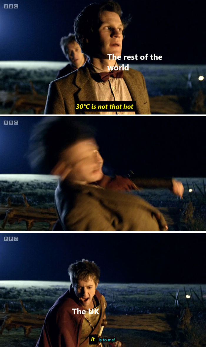 Funny UK weather meme showing reactions to 30°C temperatures, with contrasting opinions between the world and the UK.