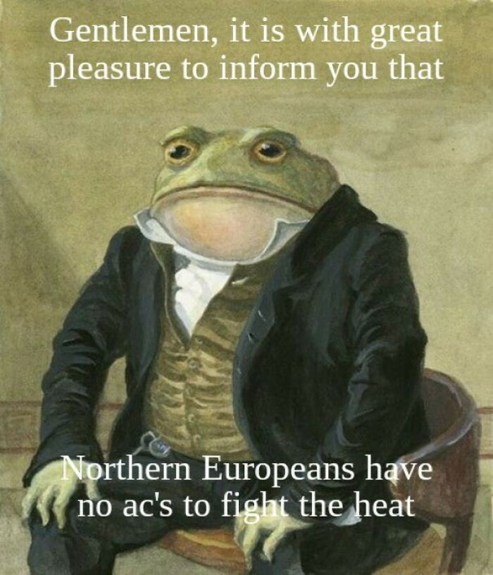 Gentleman frog humorously commenting on weather, dressed in a suit, with a witty caption about Northern Europeans and heat.