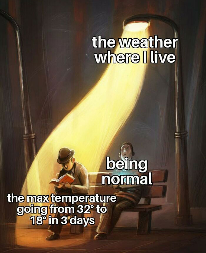 Man reading under streetlight with “weather” label, another person on bench labeled “being normal,” illustrating temperature change.