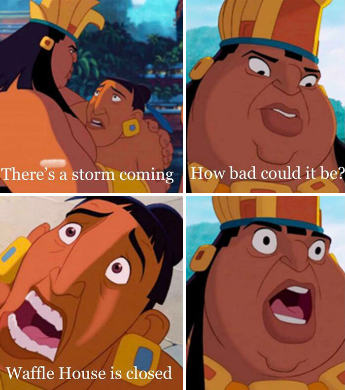 "Cartoon characters reacting to a storm warning; the Waffle House is closed, featuring a weather meme."