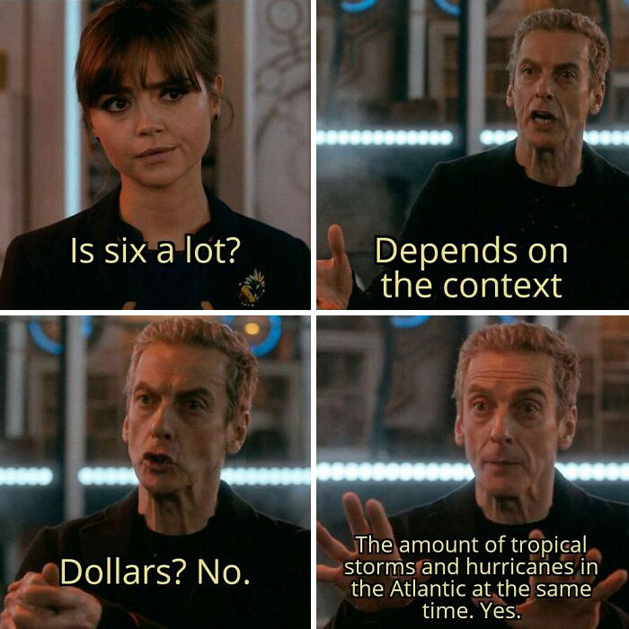 Tropical storm weather meme with characters discussing the number of storms and hurricanes in the Atlantic.