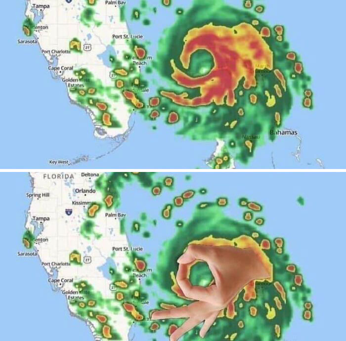 Weather meme showing a storm pattern resembling a hand making the "OK" gesture over Florida.