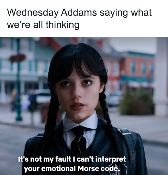 Wednesday Addams expressing sarcasm with a witty comment, capturing the essence of the Netflix series.