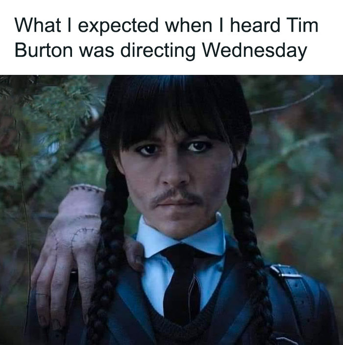 Wednesday Addams meme with Tim Burton's directorial twist, featuring a gothic character with braided hair.