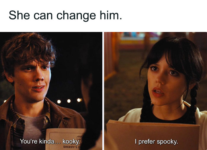 Wednesday Addams meme from Netflix series; character saying, "You're kinda... kooky," and Wednesday replies, "I prefer spooky."