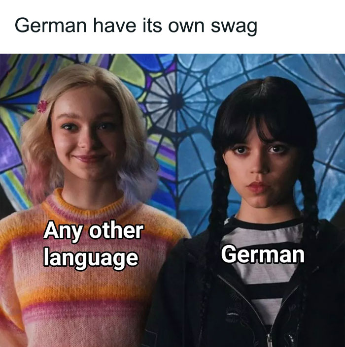 Wednesday Addams meme with text comparing languages, humorous scene from Netflix series.