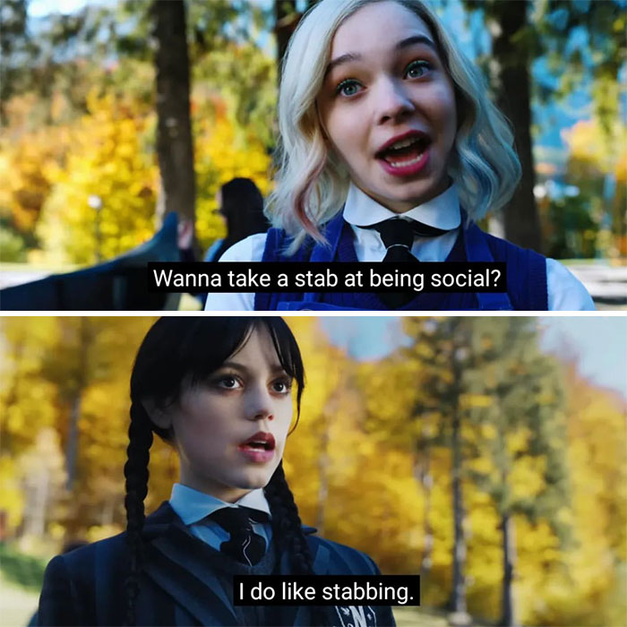 Wednesday Addams and friend exchange a humorous dialogue in a scene from the Netflix series.