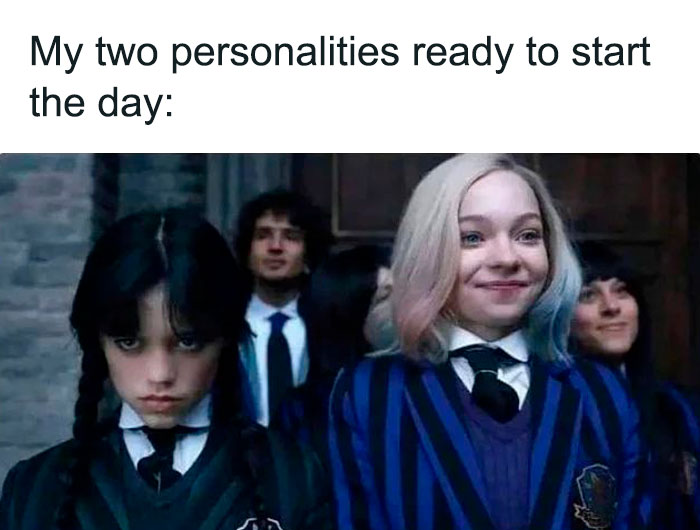 Wednesday Addams meme showcasing two characters with contrasting expressions, capturing humor from the Netflix series.
