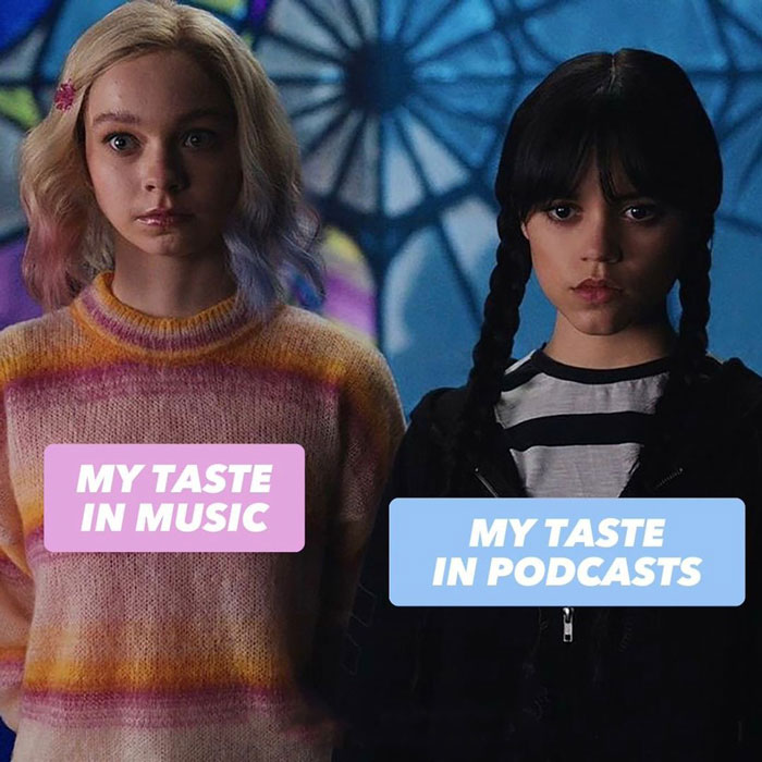 Wednesday Addams meme comparing music and podcast tastes from the Netflix series.