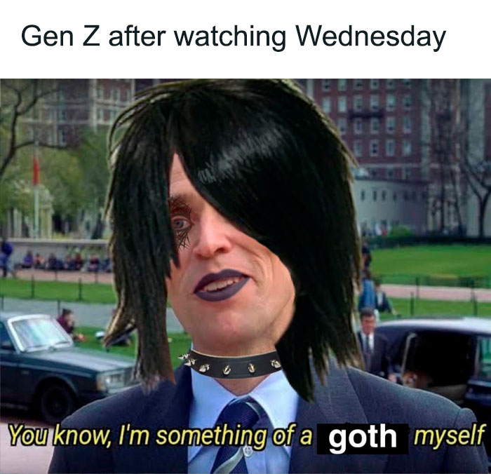 Gen Z person with goth appearance, referencing Wednesday Addams meme style.