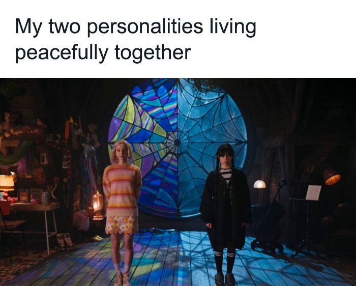 Wednesday Addams meme with contrasting personalities in colorful room.