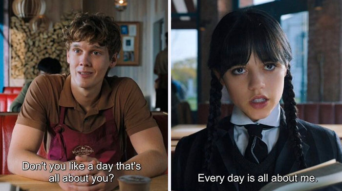 Wednesday Addams meme from Netflix series showing a humorous exchange with a male character.