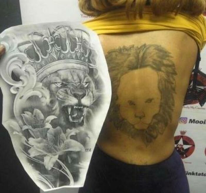 Lion tattoo compared to design, highlighting tattoo fails.