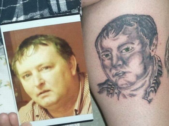 Unflattering portrait tattoo next to a reference photo showcasing tattoo fail.