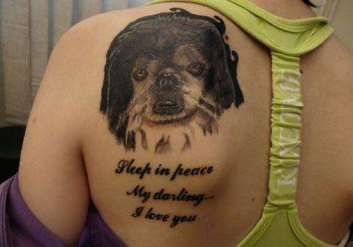Dog tattoo on a person's shoulder with text, showcasing a tattoo fail.