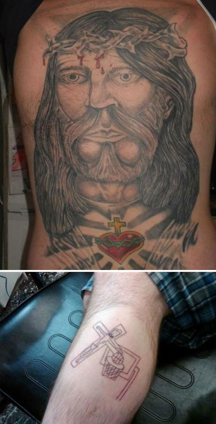 Two examples of tattoo fails, including a distorted face and a sketchy basketball design.