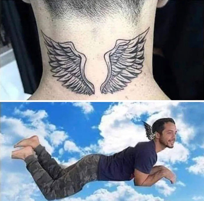 Neck tattoo fail with wings, humorous edit shows person flying awkwardly in the sky.