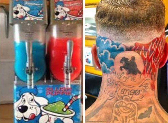 Back tattoo with flames and silhouette of a rider, reminiscent of Slush Puppie imagery. Tattoo fails theme.