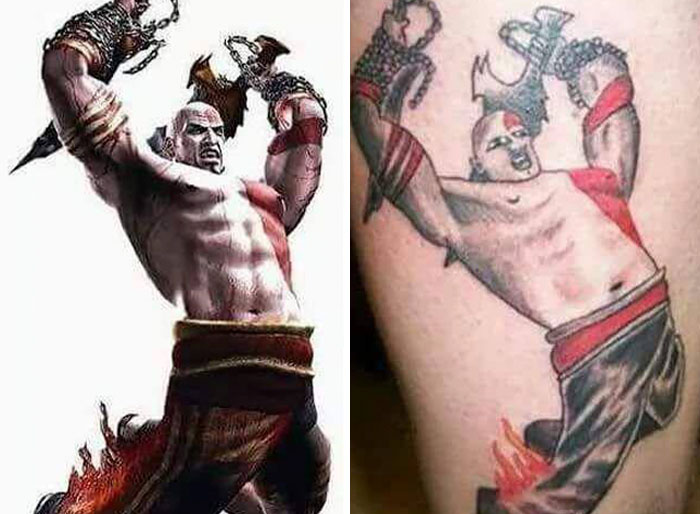 Poorly executed tattoo next to original art, showcasing a tattoo fail with distorted proportions and details.
