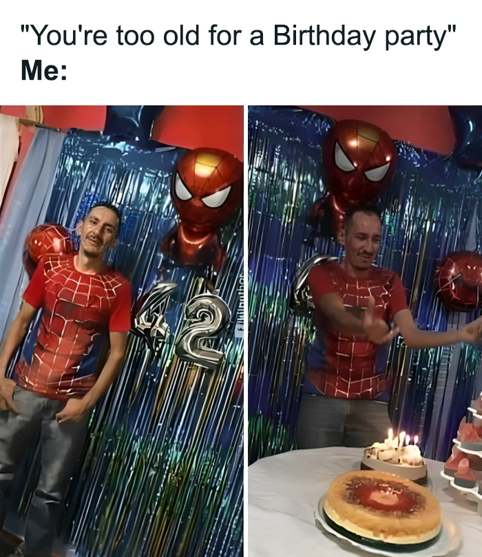 Man wearing Spider-Man shirt at a 42nd birthday party with cake and Spider-Man balloons in relatable memes style.