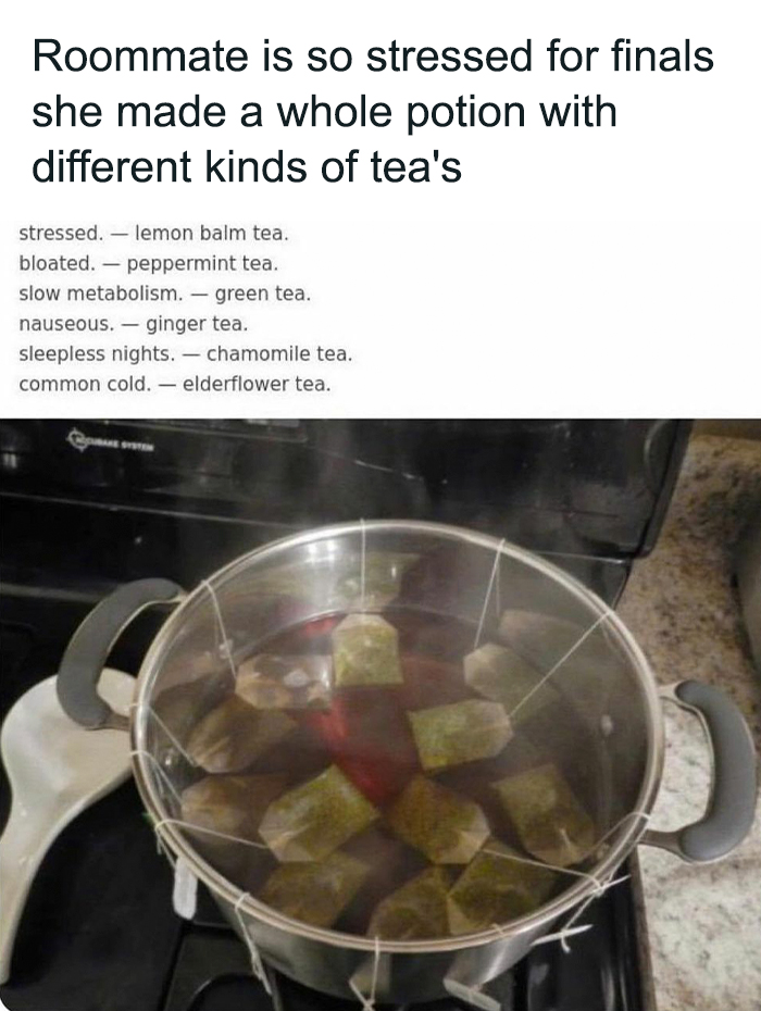 Relatable meme showing a homemade tea potion with multiple tea bags for stress relief and finals preparation.