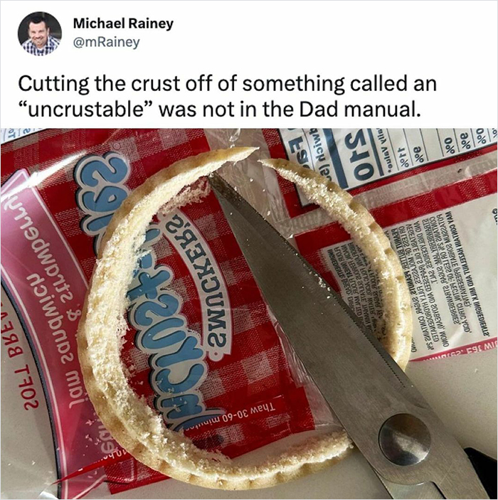 Cutting crust off uncrustable sandwich bread with scissors, funny relatable meme about parenting on social media page.