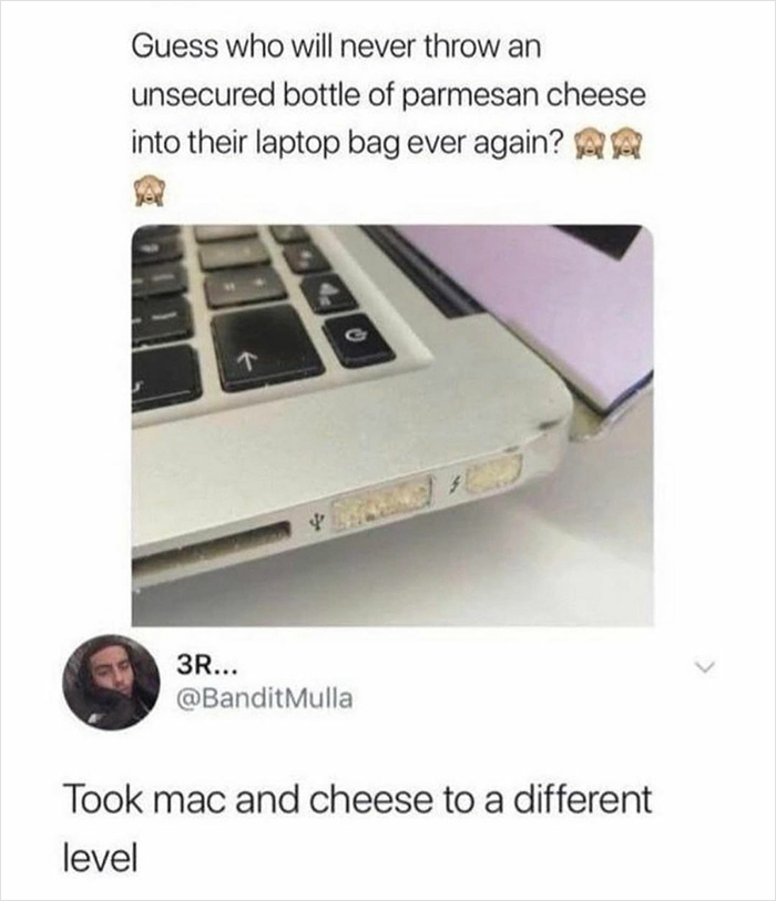 Close-up of a laptop damaged by unsecured parmesan cheese, featured in hilariously relatable memes on a popular IG page.
