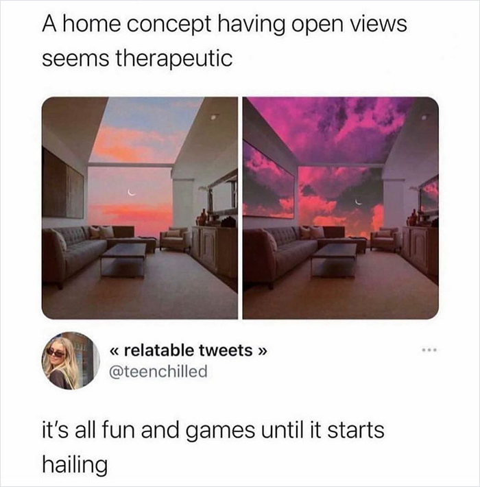 Living room with large open windows showing changing sky views, illustrating relatable memes about home and weather moods.