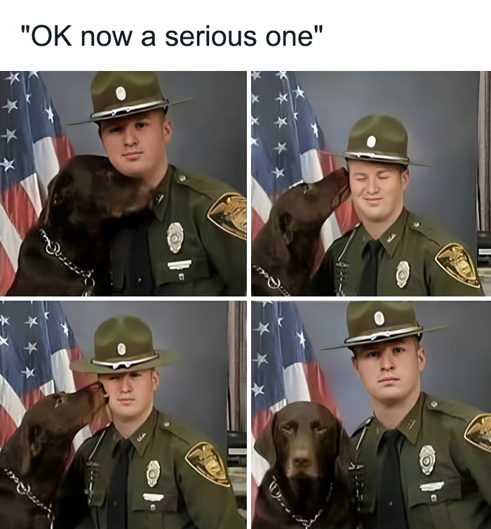 Police officer in uniform posing with dog in humorous meme showing relatable moments from Instagram page memes.