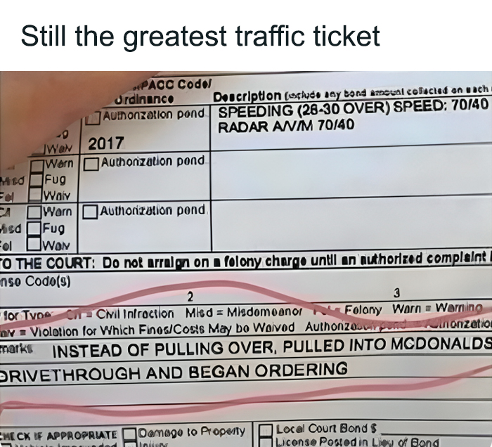 Close-up of a funny traffic ticket meme highlighting relatable driving moments featured on an IG meme page.