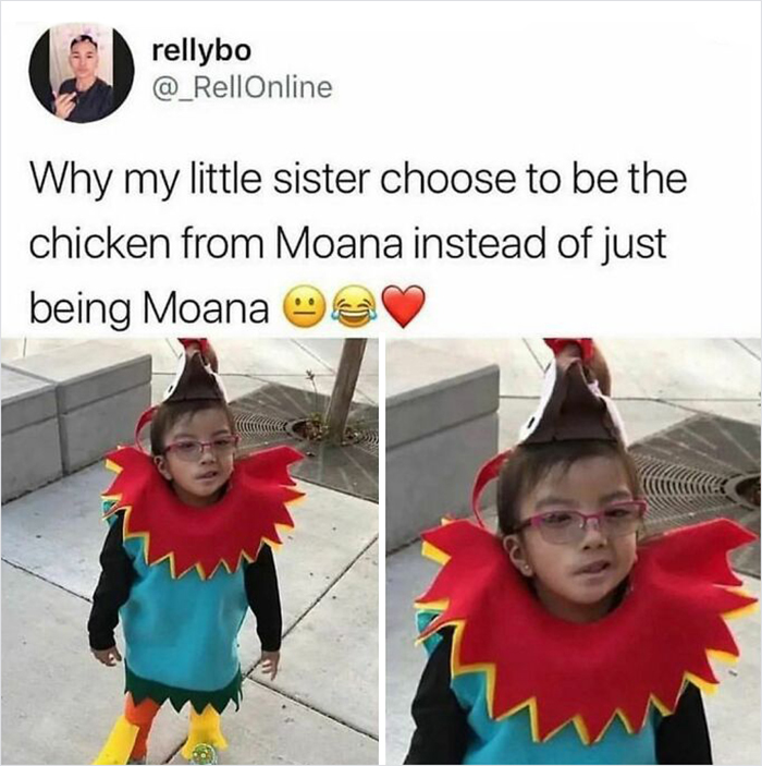 Child dressed as the chicken from Moana, featured in hilariously relatable memes shared on a popular IG page.