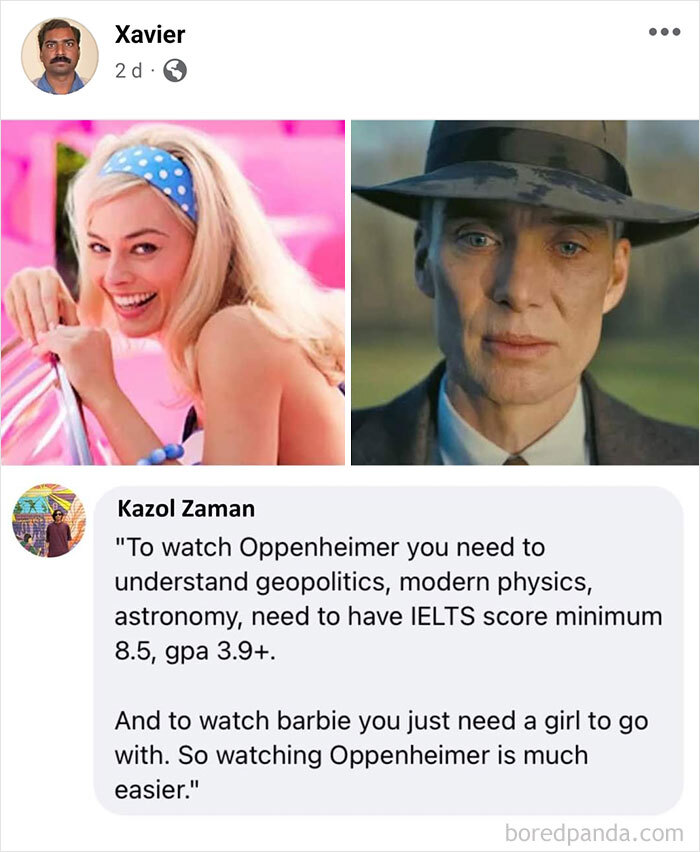 Funny memes idealist Xavier sharing a humorous comparison between watching Oppenheimer and Barbie movies.