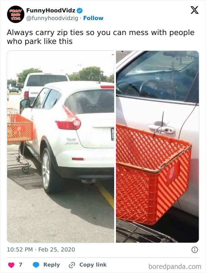 Car parked over the line with a shopping cart zip-tied to the door, a clever example of vandalism for humanity.