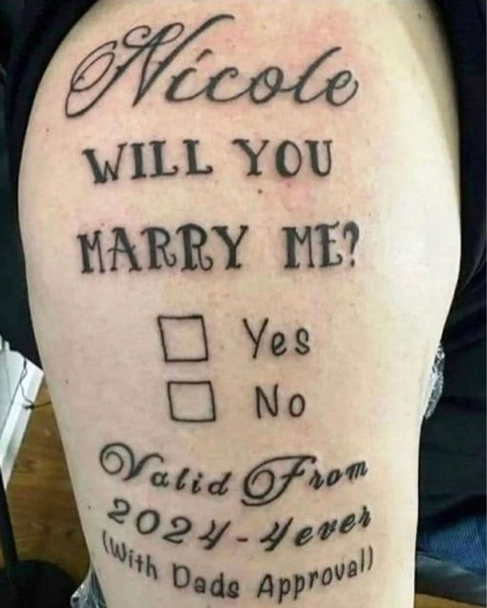 Funny tattoo proposal with a check box asking "Nicole, will you marry me?", labeled as a permanent mistake.