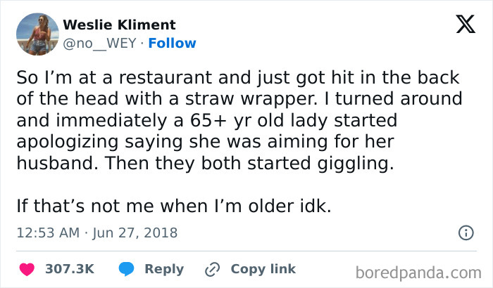 Funny pic of a tweet about being hit with a straw wrapper by an elderly lady who missed her husband, leading to giggles.