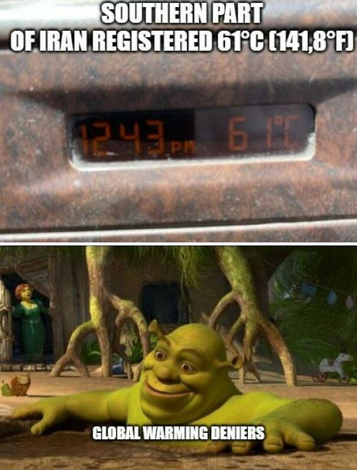 Shrek meme highlighting global warming deniers with a temperature reading of 61°C in Iran.