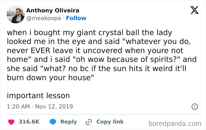 Funny tweet about a crystal ball safety warning, highlighting a humorous misunderstanding.