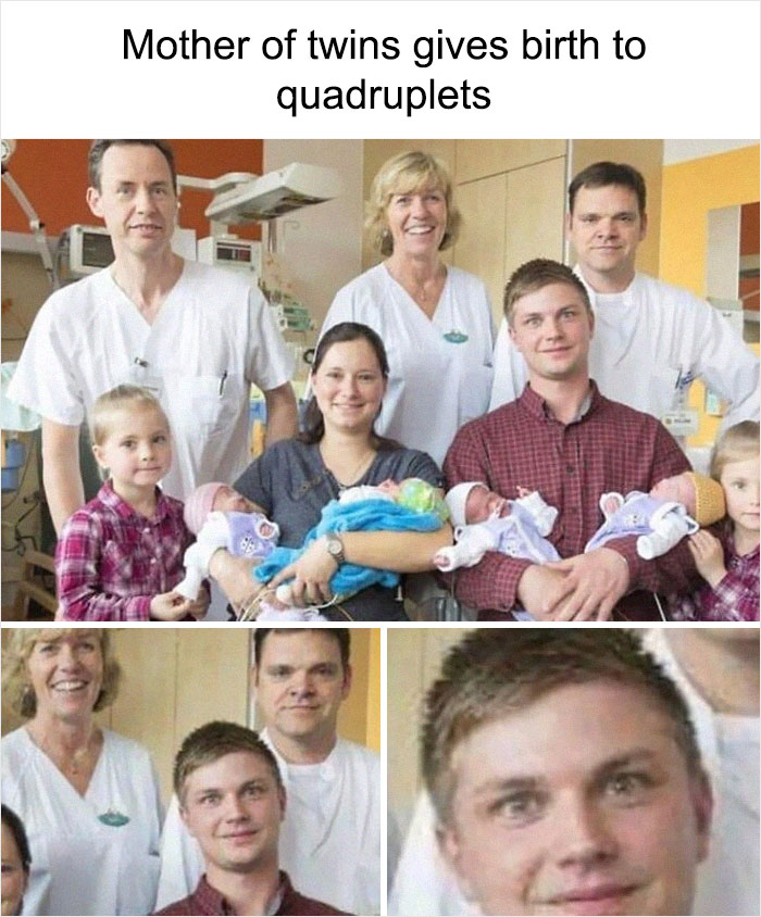 Family and doctors smile in a hospital with a mother holding newborns, creating a weird meme moment.
