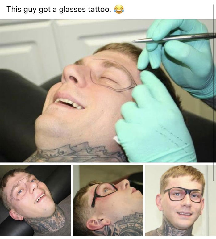 Man with glasses tattoo, representing a permanent mistake in tattoo choices, smiling during and after the process.