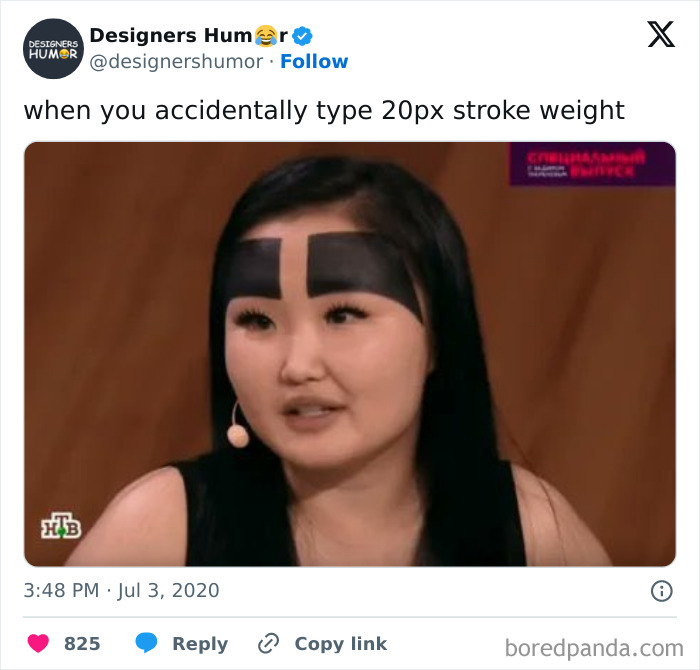 A humorous meme shows a woman with thick black eyebrows, depicting a graphic design joke.