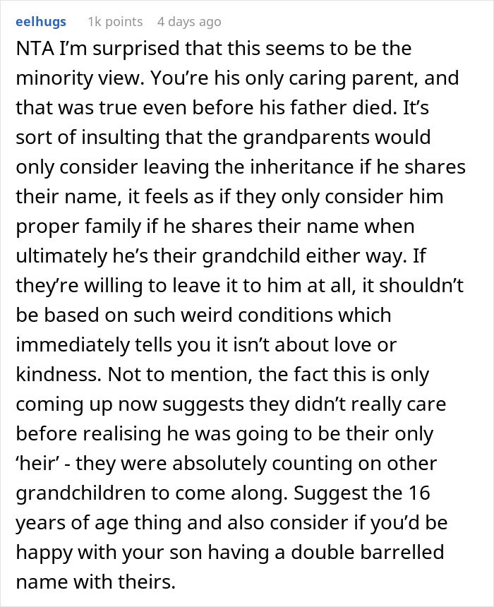Comment discussing rich grandparents' inheritance conditions and mom's concerns about family name and love.