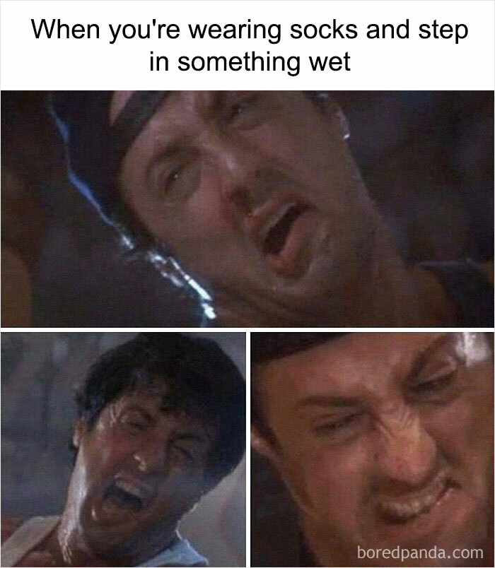 Collage of weird meme faces reacting to stepping in something wet with socks.