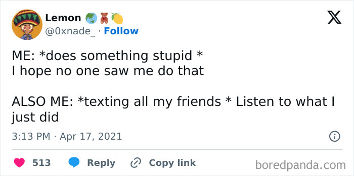 Relatable friendship meme about sharing embarrassing moments with friends.